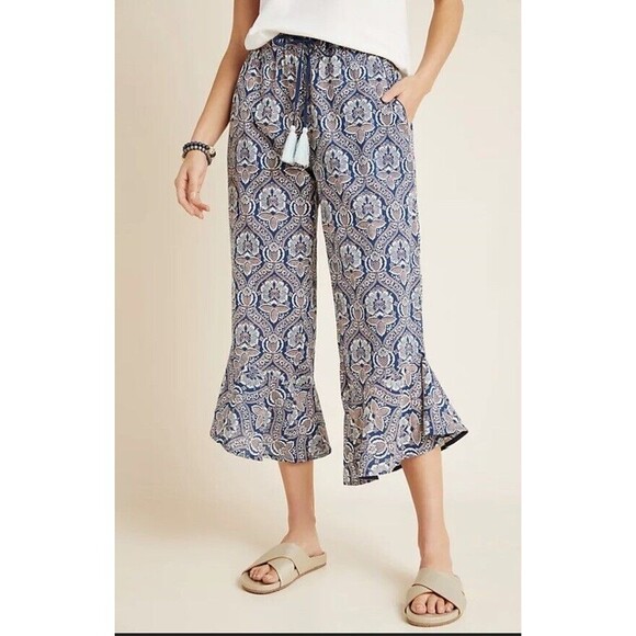 Anthropologie Roller Rabbit Culotte Womens Large Blue Yarella Flounce Pants Boho - Picture 1 of 15